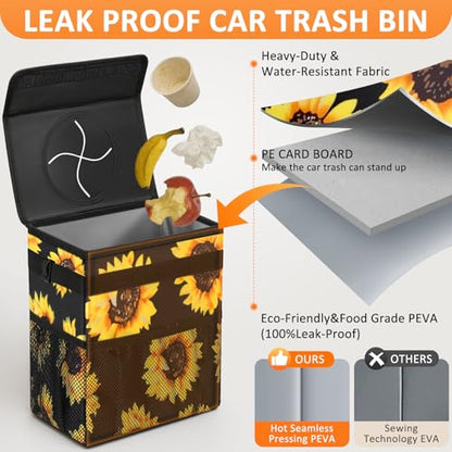 Car Trash Can with Lid Leak Proof Car Accessories for Women (2.2 Gallons / Sunflower)