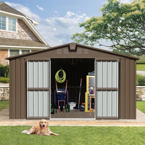 Large Galvanized Steel Storage Shed 11' x 9' with Windows & Lockable Door (Brown04 / 11×9)