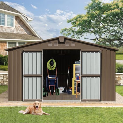 Large Galvanized Steel Storage Shed 11' x 9' with Windows & Lockable Door (Brown04 / 11×9)