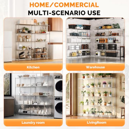 70" W Storage Shelves 1600LBS Heavy Duty Metal Shelving (Chrome / 69.8"W × 15.8"D × 71"H)