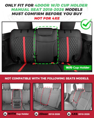 for Jeep Wrangler Leather Custom Car Seat Covers Full Set 4 Door (Black with Red Trim / JL 18-26 4Door Without Rear Cup Holder)