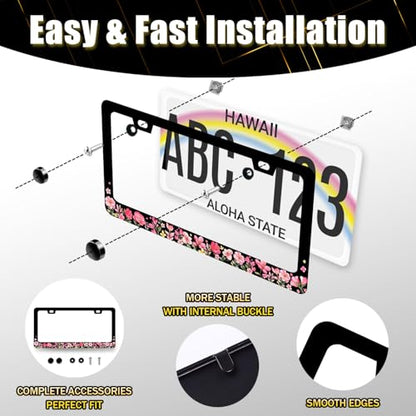 Pink Floral License Plate Frame Colorful Flower License Holder with 2 Holes (Pink Floral Flowers)