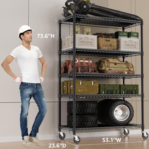 Garage Shelving Wide Storage Shelves 5 Tier Metal Shelves 4000 LBS Heavy Duty Adjustable Utility Shelf Rack Black 23.6" D x 53.1" W x 73.6" H (5 Tier, 23.6" D x 53.1" W x 73.6" H / Black)