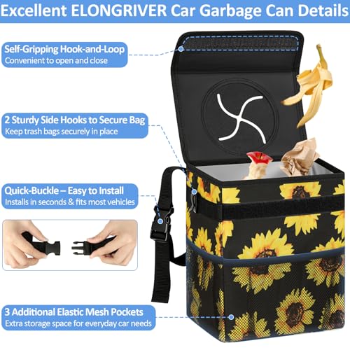 Leak Proof Car Trash Can with Lid Sunflower Floral (Sunflower / 2 Gallons)