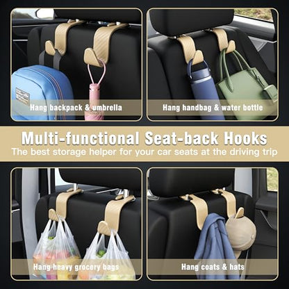 4 Pack Car Headrest Hooks Holds 55lbs Seat Storage Organizer for Bags (L-Beige Check)
