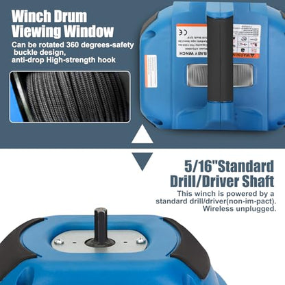 Portable Drill Winch of 1000 LB (1000 lb. Capacity Synthetic Rope（Blue）)