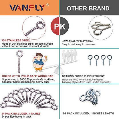 VANFLY 304 Stainless Steel Eye Shape Screws Metal Hook (24 Pack)