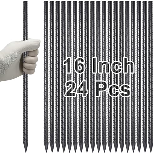 Straight Rebar Stakes 16 Inch Metal Ground Concrete Form Stakes (I-16 Inch-24 Pcs / I-16 Inch-Φ5/16"-Black)