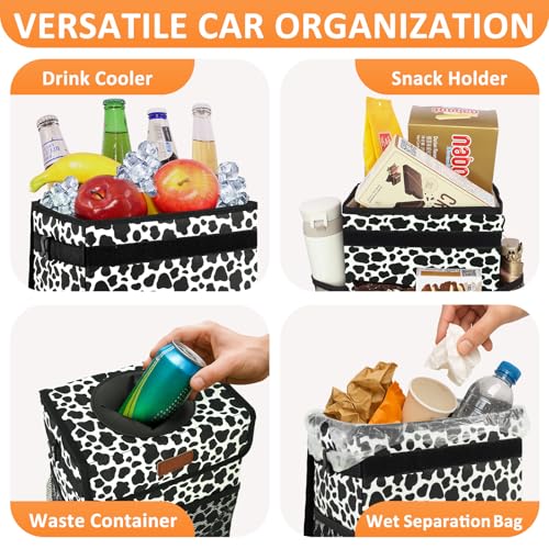 Car Trash Can with Lid Leak Proof Car Accessories for Women (2.2 Gallons / Cow Print)