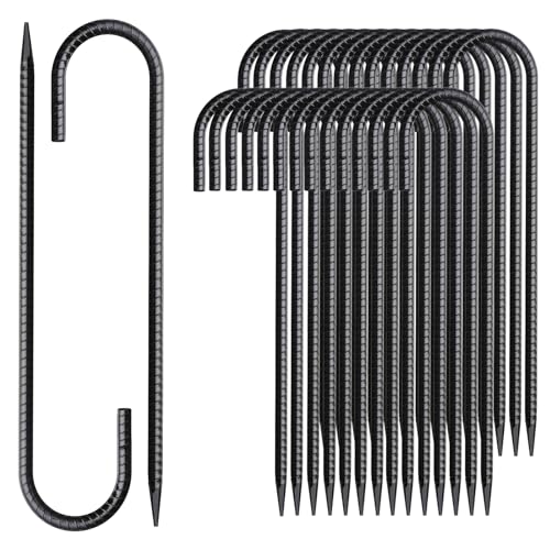 Rebar Stakes 12 Inch J Hook Ground Stakes Heavy Duty 30 Pack Chain Link Fence Stakes Galvanized Anchors Metal Tent Stakes for Wire Fencing Concrete Forming Trampolines Camping Canopies Shed Swing (J-12"x5/16"-30pcs)