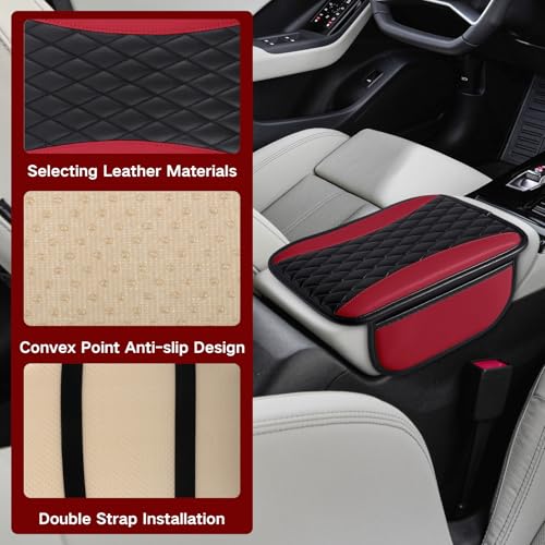 Leather Car Center Console Cover with Side Storage Pockets (BlackRed)