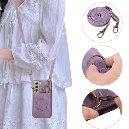 Compatible with Samsung Galaxy S21 FE 5G Wallet Case Screen Protector Crossbody Shoulder Strap Ring Buckle Stand Card Holder Phone Cover for S 21 EF S21FE5G UW S21FE 21S G5 6.4 inch Women Men Purple (Purple / for S21 FE)
