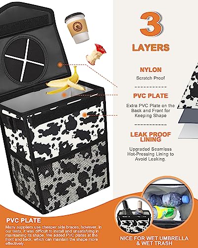 Car Trash Can with Lid Leakproof Car Garbage Bag Vehicle Trash Bin (2 Gallons / Cow Print)