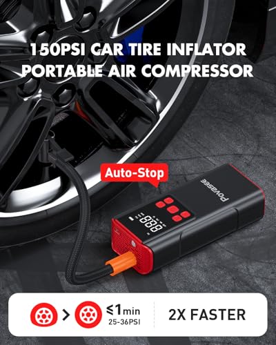 Tire Inflator Portable Air Compressor Povasee 150PSI Portable Air Pump for Tires Cordless Car Tire Inflator with LCD Display (A8-NEW)