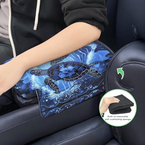 Sea Turtle Hibiscus Car Center Console Cover Soft Armrest Cover Cushion with Pockets Storage Bag Scratch Resistant Arm Rest Covering Middle Console Pad Car Decor (Sea Turtle Hibiscus Blue)