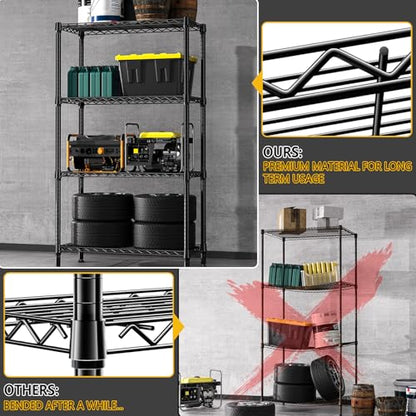 1000 lbs 4 Tier Shelf Metal Storage Shelves Shelving Wire Rack Heavy Duty Closet Organizers for Garage Kitchen Bathroom Laundry Black 15.7" D x 33.5" W x 59.5" H (4 tier, 15.7" D x 33.5" W x 59.5" H / Black)