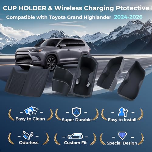 1st & 2nd Row Cup Holder Inserts & Wireless Charging Protective Mat for Toyota Grand Highlander 2026 2025 2024 (for Toyota Grand Highlander 2024-2026, 5PCS)