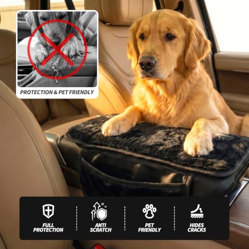 Plush Fuzzy Fur Car Armrest Cover with Side Pockets