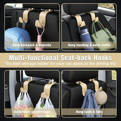 4 Pack Car Headrest Hooks Holds 55lbs Seat Storage Organizer for Bags (L-Beige)