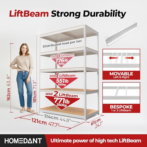 47.7" W Deep 5 Tier Heavy Duty Garage Shelving Adjustable Metal Rack Storage Shelves Standing Shelf Unit Organizers Industrial Warehouse Basement White 2Pack (White / 47.7"W x 24.1"D)