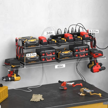 Large Garage Tools Storage with Charging Station. Power Tool Battery Organizer Utility Shelf with Power Strip. 4 Drills Holder Wall Mount Rack (Large / 2 Layer)