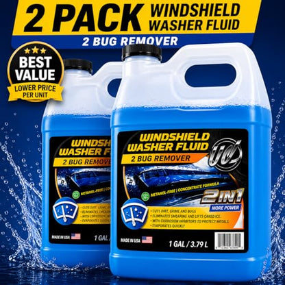 2-in-1 Windshield Washer Fluid 2-Pack (1 Gallon Each, 256 fl oz Total) – Ready to Use, Streak-Free Formula, All-Weather Cleaning, Removes Bugs, Dirt & Road Grime – Premium Windshield Cleaner (Blue / 128 Fl Oz (Pack of 2))