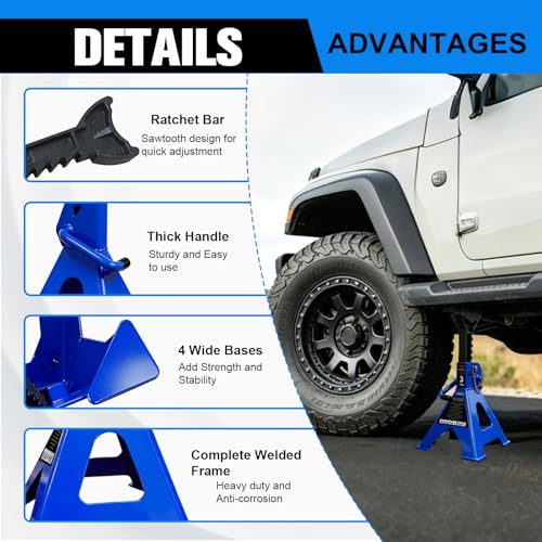 3 Ton Jack Stands Heavy Duty 6 (3 Ton Double Pin Locking with Rubber Pads / Blue)