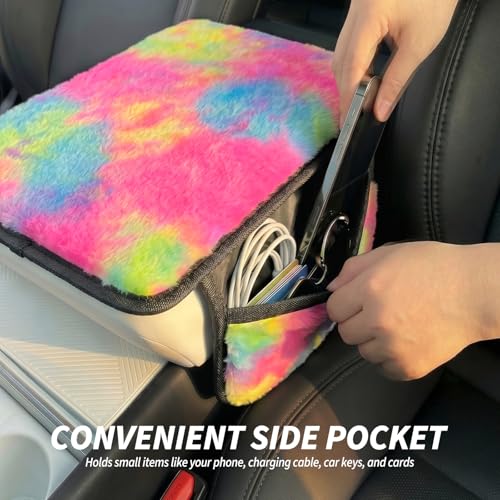Plush Fuzzy Fur Car Armrest Cover with Side Pockets