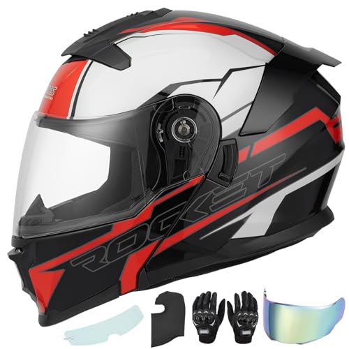 Modular Motorcycle Helmets Full Face Flip up Street Bike Motorcycle Helmet for Unisex Adult Rocket Black (Rocket Black / Large)