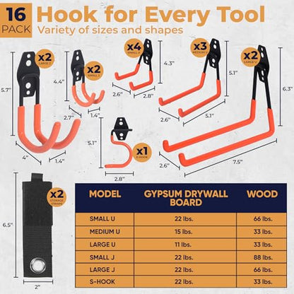 16 Pack Steel Heavy Duty Garage Hooks Storage Hooks with Anti (Orange)