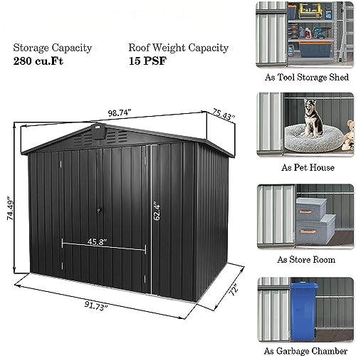 Galvanized Steel Storage Shed 8.2' x 6.2' with Lockable Door (Dark Gray03 / 8.2×6.2)