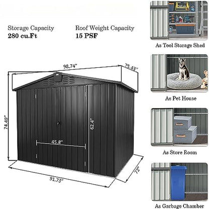 Galvanized Steel Storage Shed 8.2' x 6.2' with Lockable Door (Dark Gray03 / 8.2×6.2)