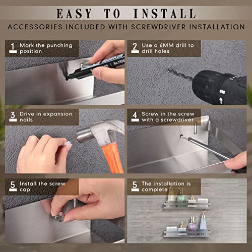 2 Pieces Stainless Steel Shelf Bathroom Shower Floating Shelves Wall Mounted Shower Caddy Basket Shelf Storage Organizer Shelves for Bathroom (15.75 Inch/ 40 cm / Silver)