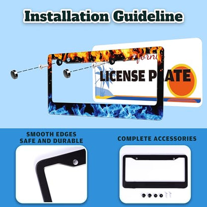 Red and Blue Flames License Plate Frame Stainless Steel 6.3 X 12.2 Inch (Red And Blue Flames)