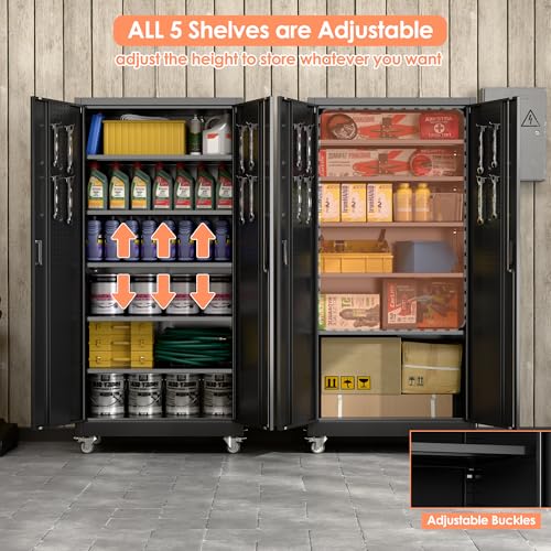 Garage Storage Cabinet with Wheels & Pegboard Doors (Black / 18"D x 34"W x 71"H)