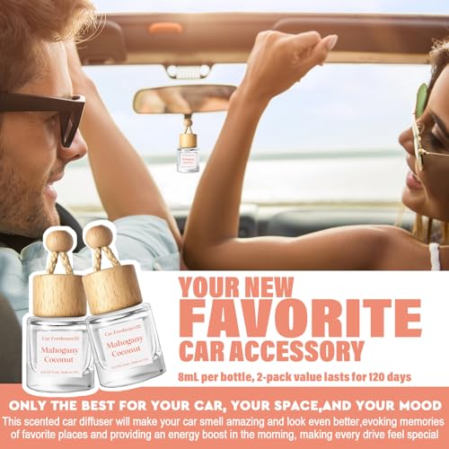 Car Air Freshener Diffuser 2 Pack Hanging Mahogany Coconut Car Air Freshener for Women 45+ Days Long Lasting Fragrance Made in USA