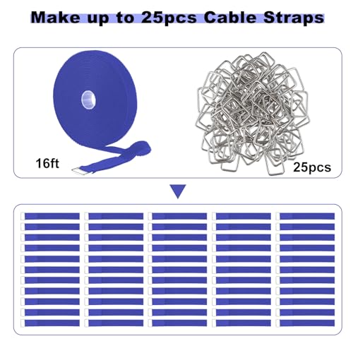 1"x16ft Hook and Loop Straps with 25 Metal Buckles (1in x 16ft Blue)