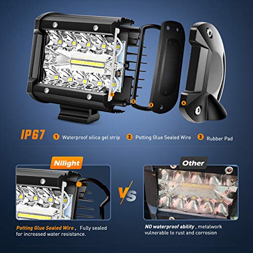 LED Light Bar 2PCS 60W 4 Inch Flood Spot Combo LED Work Light Pods Triple Row Work Driving Lamp with 12 ft Wiring Harness kit (White 2PCS with Wiring Harness / Led Pods)