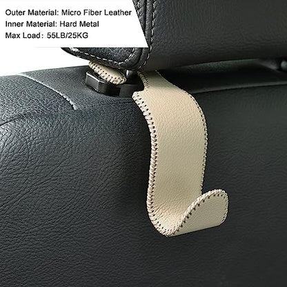 4 Pack Car Headrest Hooks Holds 55lbs Seat Storage Organizer for Bags (Leather Beige)