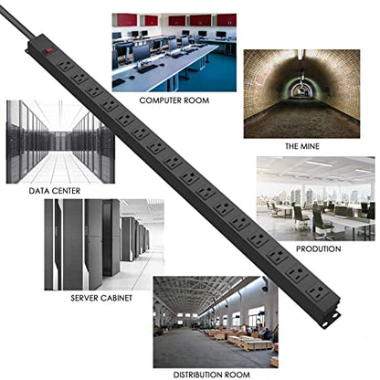 16 Outlet Metal Wall Mount Power Strip (Black / 15 ft)