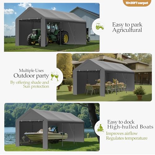 10x20 Carport Heavy Duty Portable Garage Shelter w (Gray / 10x20 with sidewalls)