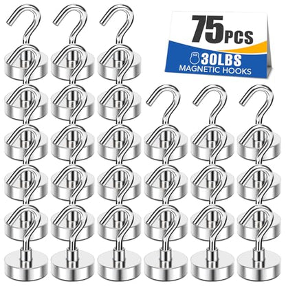 30LB Magnetic Hooks Strong Neodymium Magnets Hook for Hanging (Silver / 75Pack-30LB)