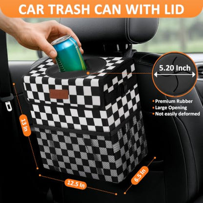 Car Trash Can with Lid Leak Proof Car Accessories for Women (3 Gallons / Black White Checkered)