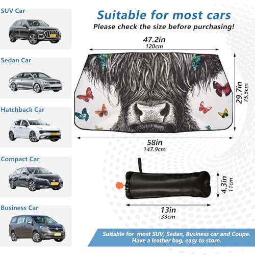 Car Front Windshield Sunshade (Highland Cow Flowers Butterflies)