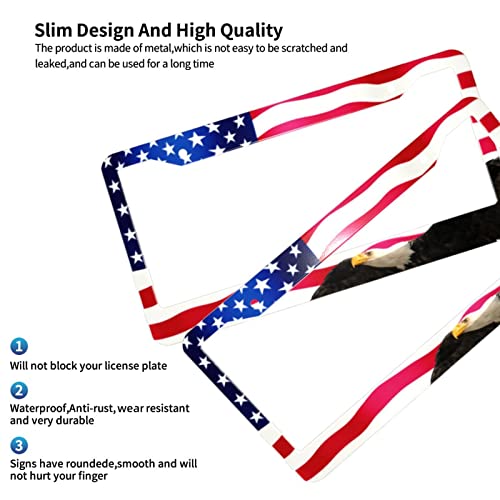 American Flag License Plate Frame American Flag License Plate Holder America Eagle License Plate Frame Covers US Car Tag Frame Stainless Aluminum 2 Pack 2 Holes Decorative 2 Pcs Set for Men (Eagle Flag License Plate Frames / 12.3 x 6.3)