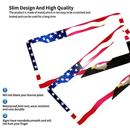 American Flag License Plate Frame American Flag License Plate Holder America Eagle License Plate Frame Covers US Car Tag Frame Stainless Aluminum 2 Pack 2 Holes Decorative 2 Pcs Set for Men (Eagle Flag License Plate Frames / 12.3 x 6.3)