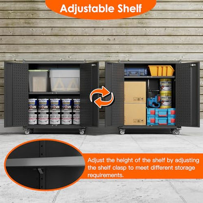 Garage Storage Cabinet with Wheels & Pegboard (Black / 13.8"D x 26"W x 34.3"H)