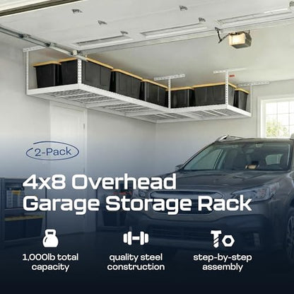 MonsterRax 2 Pack 4x8 Overhead Garage Storage Rack (White / 24"-45" (2-Pack))