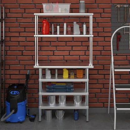 14" x 36" Stainless Steel Work Table with 3 Shelves and 12" Wide Double Tier Overshelf (14" x 36" Table with 3 Shelves + 12" Overshelf)