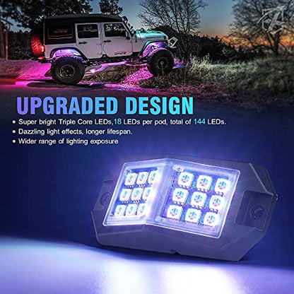 18 LED Rock Lights 8 Pods Wide Angle Bluetooth Wheel Well Lights (8 Pods / Wide Housing)